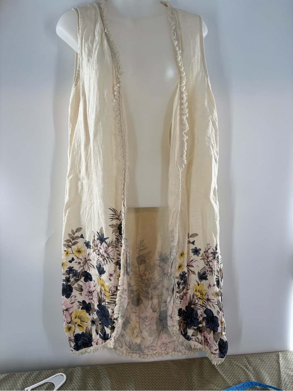 Francesca Bettini Italy Linen Floral Duster Vest Fringe Trim High Low OS - Picture 1 of 9